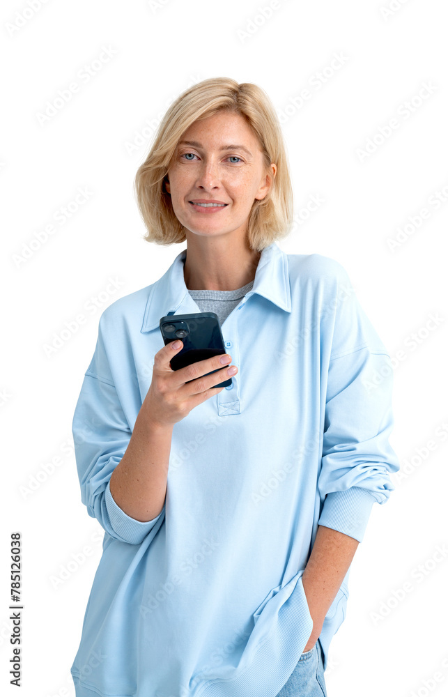 Young woman with smartphone in hand, smiling. Isolated over white background Young woman with smartphone in hand, smiling. Isolated over white background