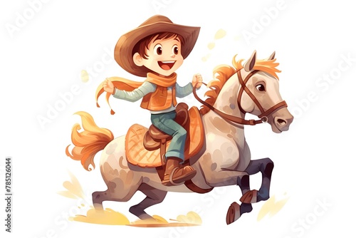 Cute boy riding a horse. Vector illustration isolated on white background.