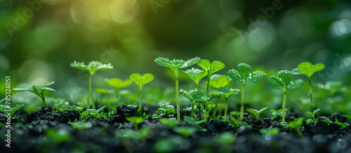 Young green plant sprouts growing in forest close up. Environment, ecology nature theme background. 
