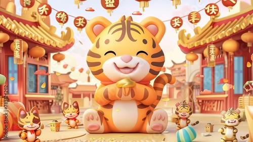 New year greeting card for the Tiger Year of 2022. A cute tiger cupping its paw for greeting  and small tigers busy celebrating Spring Festival. The text of welcoming the new year is written on