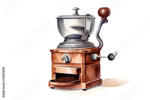 Coffee grinder with coffee beans. Watercolor hand drawn illustration photo