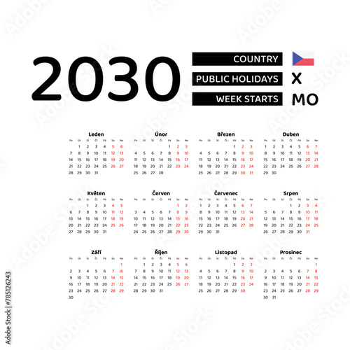 Calendar 2030 Czech language with Czech public holidays. Week starts from Monday. Graphic design vector illustration.