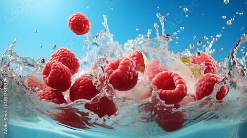 Morceaux de fruits, framboises sur un fond bleu avec éclaboussure d'eau. Fruit, sain, délicieux, sucré. Jus de fruit, dessert. Pour conception et création graphique.