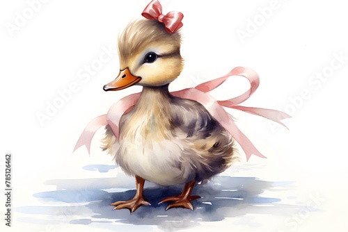 Cute duckling with a pink ribbon. Watercolor illustration.