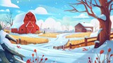 Farmland in winter, featuring a barn, a field, and houses. Modern illustration with white snow on trees and bushes in a rural setting.