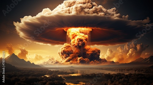 Nuclear bomb explosion, mushroom cloud over industrial nuclear plant zone,