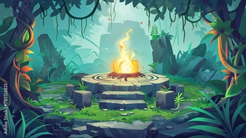Stone circle altar in the jungle with fire on pillars. Modern illustration of rainforest landscape with green grass, trees, lianas, and old round podium with paganism symbols.