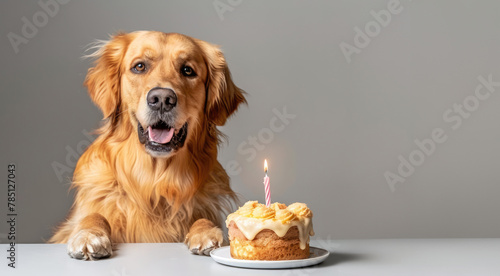 Happy dog with cake is celebrating birthday, pet friendly concept