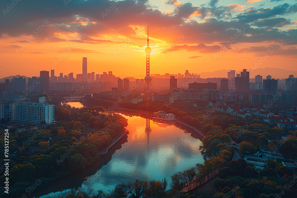 sunset over the city,
Chengdu skyline scenery with TV tower