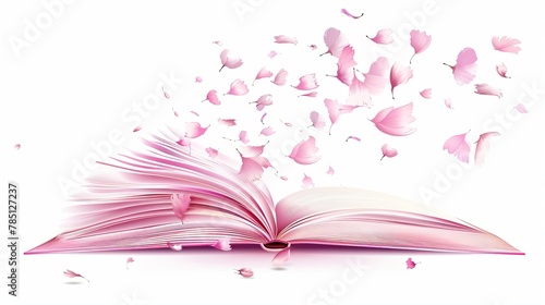 Isolated on a white background, a realistic open book with blank pages flying around. Reading hobby. Pink fairy tail story photo