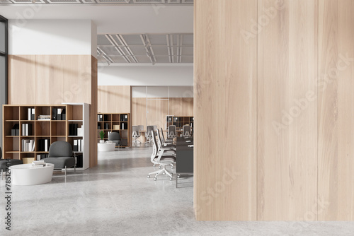Modern office interior visible behind a blank wooden wall, ideal for a mockup on a light background, showcasing workspace concept. 3D Rendering