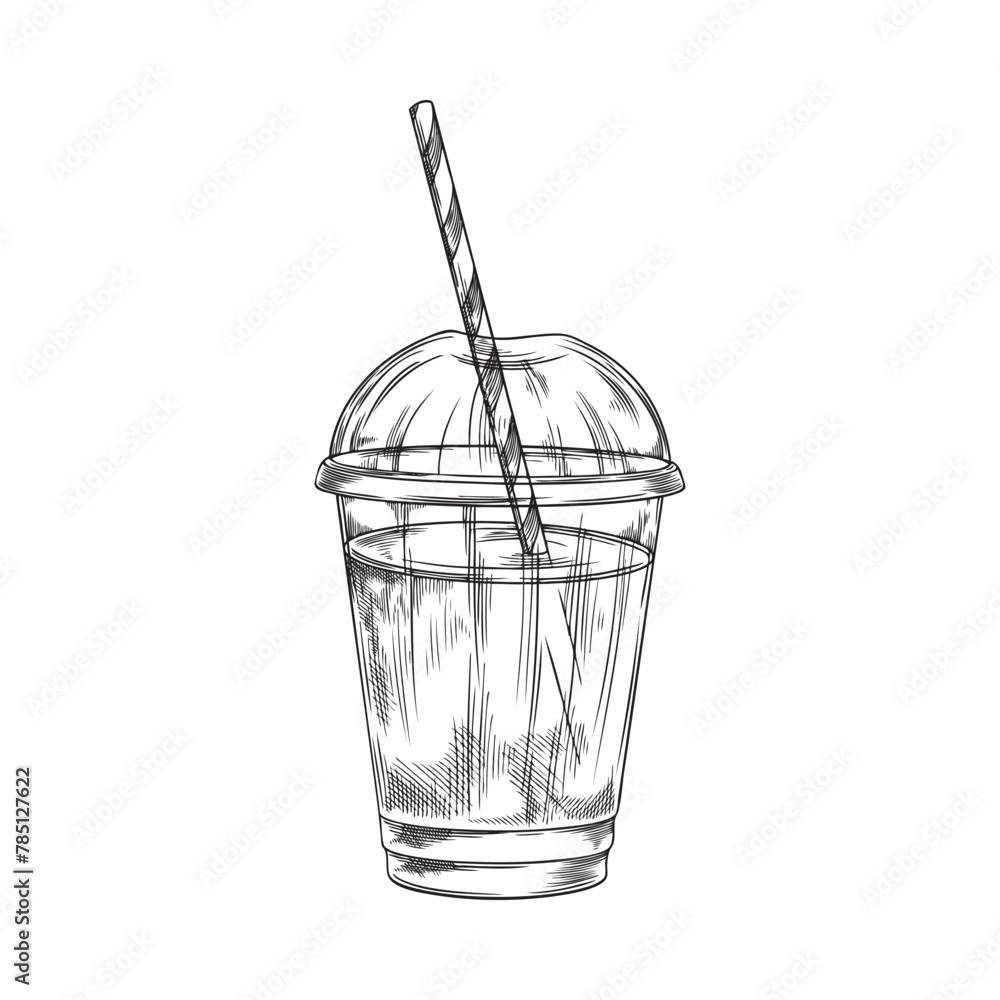 Vector illustration of a fresh smoothie in a plastic cup with a lid and a striped tube on a white background Vector illustration of a fresh smoothie in a plastic cup with a lid and a striped tube on a white background