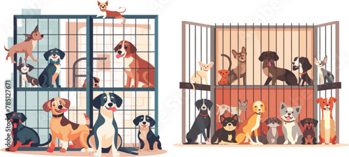 Animal shelter, adoption center or petshop interior with dogs