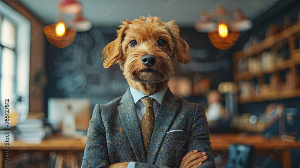 A businessman with a dog's head in a business suit and tie, wearing glasses on a blurred background. Wolf character - obrazy, fototapety, plakaty 