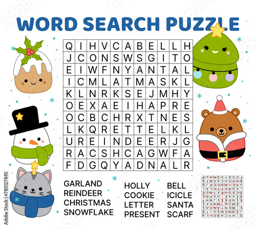 Word search game puzzle for kids. Christmas words. English words. Cartoon, vector