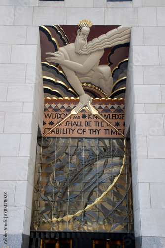 Art Deco style decoration on the facade of Rockefeller Center building in Manhattan, New York City
