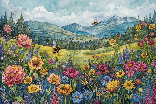 Illustrate a bee gracefully navigating through a meadow of colorful wildflowers at a skewed perspective, rendered in detailed pen and ink to convey the intricate beauty and harmony of the natural worl photo