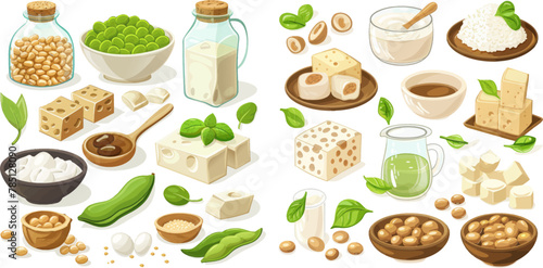 Cartoon soy food, beans, oil, milk, sauce and tofu