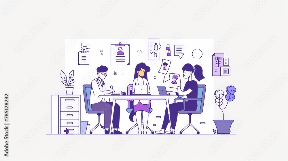 Interviewing for a job in the office. Employees talking with candidates, looking for work. Hiring, employment, recruitment, negotiation with future employees business concept.