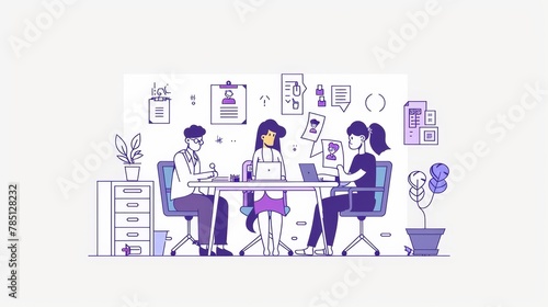 Interviewing for a job in the office. Employees talking with candidates, looking for work. Hiring, employment, recruitment, negotiation with future employees business concept.