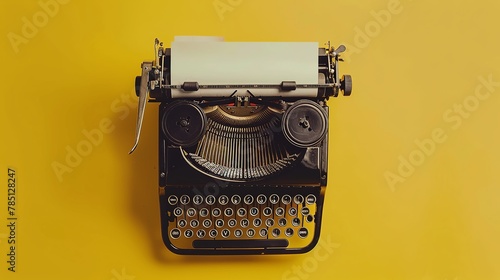 Retro-style typewriter on a yellow background. Top view. 