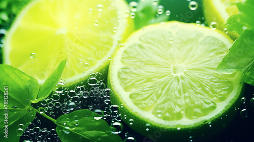 Morceaux de citrons verts, agrume sur un fond d'eau avec éclaboussure d'eau. Fruit, sain, délicieux, acide. Jus de fruit, boisson. Pour conception et création graphique.