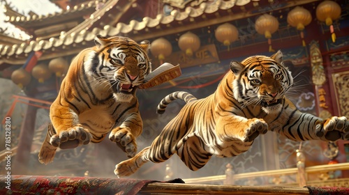 An empty paper scroll dangling from one tiger's mouth and a rug on its back; another one without; two tigers performing a leaping trick.