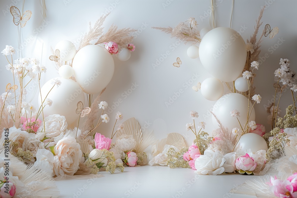Obraz premium Elegant white balloons among floral arrangements