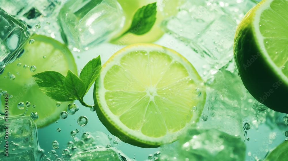 Morceaux de citrons verts, agrume sur un fond d'eau avec éclaboussure d'eau. Fruit, sain, délicieux, acide. Jus de fruit, boisson. Pour conception et création graphique. Morceaux de citrons verts, agrume sur un fond d'eau avec éclaboussure d'eau. Fruit, sain, délicieux, acide. Jus de fruit, boisson. Pour conception et création graphique.