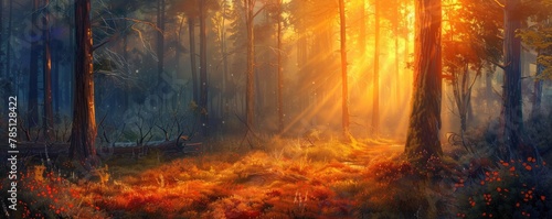 Majestic sunrise breaking through the mist in a dense pine forest creating a serene atmosphere