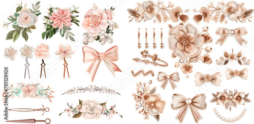 Hair clips with flowers and pearls, bow headband and hairpins photo