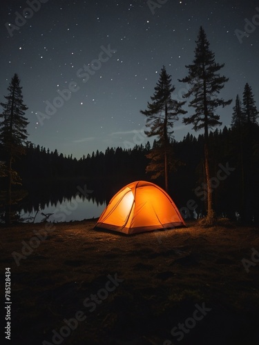 A small orange tent is set up in a forest at night
