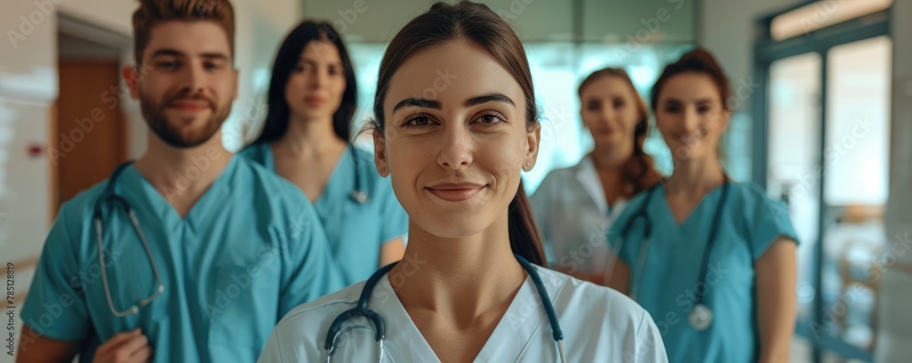 A trio of healthcare professionals in scrubs with stethoscopes in a hospital corridor A trio of healthcare professionals in scrubs with stethoscopes in a hospital corridor