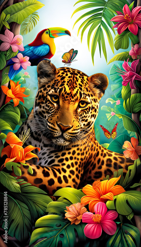 A colorful jungle scene with a leopard, birds and flowers. Concept of peace and tranquility in the midst of nature