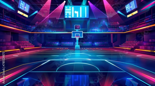 Illustration of an empty tribune seat illuminated with color lights and a scoreboard on a cartoon basketball court. photo