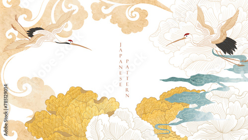 Japanese background with crane birds or herons element vector. Hand drawn peony flower with chinese cloud decorations in vintage style. Watercolor painting with art abstract banner design.