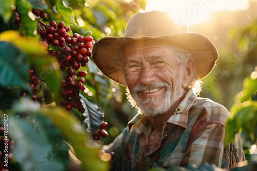 Portrait of smiling senior farmer showing his freshly harvested Arabica coffee beans. Summer sunlight. Happy Latin old man wearing hat in a coffee crop. He picking harvested coffee berries from tree