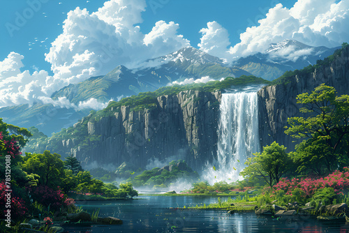 waterfall in the mountains  Illustrations fantastic landscape