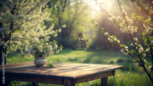 Spring Foliage and Flowering Branches with Wooden Table Outdoors | Nature Garden Background