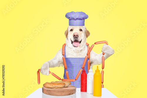 Funny Labrador in a chef's costume is about to cook hot dogs