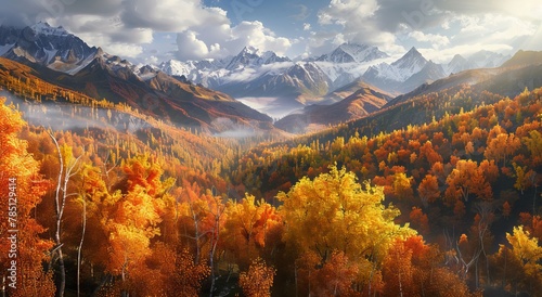 AI-generated illustration of a vibrant autumn forest against the background of mountains