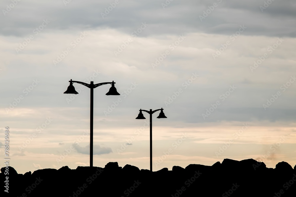 Obraz premium Silhouette shot of a street lights on the cliff