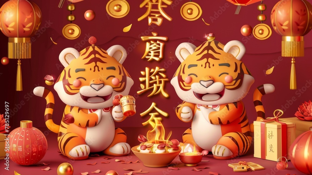 Fototapeta premium Bringing in wealth and treasures and Caishen sending blessings are written in Chinese on the couplet and left side of the 2022 Year of the Tiger card.