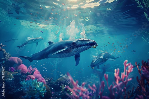 Group of dolphins swim near electric blue coral reef