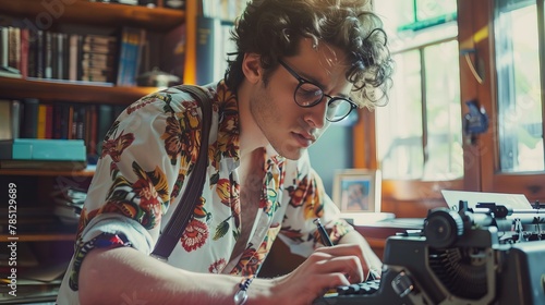 A young, witty man with spectacles is using a typewriter. photo