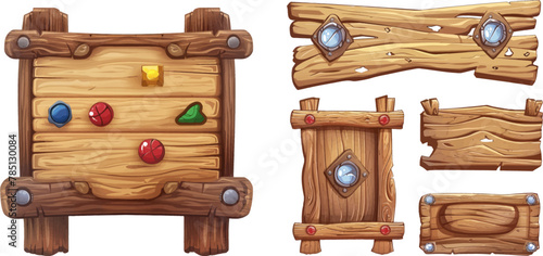  Wood textured plate frame, cartoon banner panel and game button