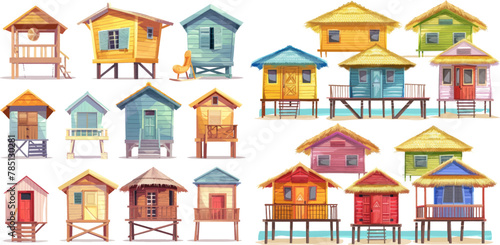 Vector isolated set of hut near ocean, building tropical illustration