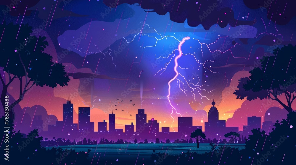 Obraz premium Summer landscape with dark trees silhouettes and houses on skyline in storm, modern cartoon illustration of thunderstorm in city with park and skyscrapers.