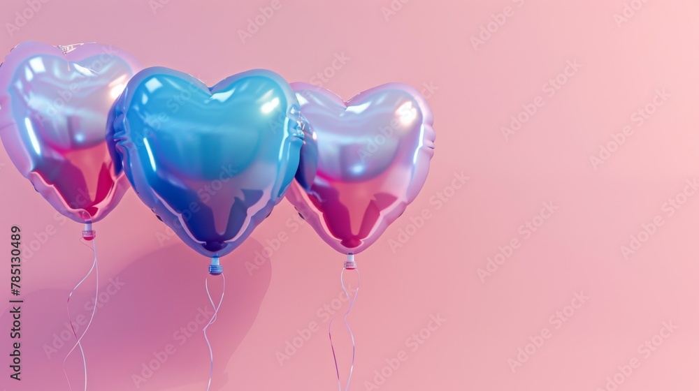 Illustration of three 3D heart shaped balloons on a pink background. Blue and pink balloons within a heart shape.