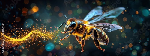 Incorporate a rear view of a vibrant yellow and black striped bee flying, with a trail of vibrant sound waves buzzing behind it, using digital rendering techniques photo